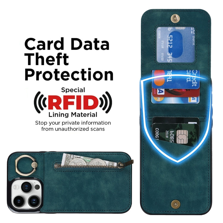 For iPhone 15 Pro Max Retro Ring and Zipper RFID Card Slot Phone Case(Blue) by buy2fix