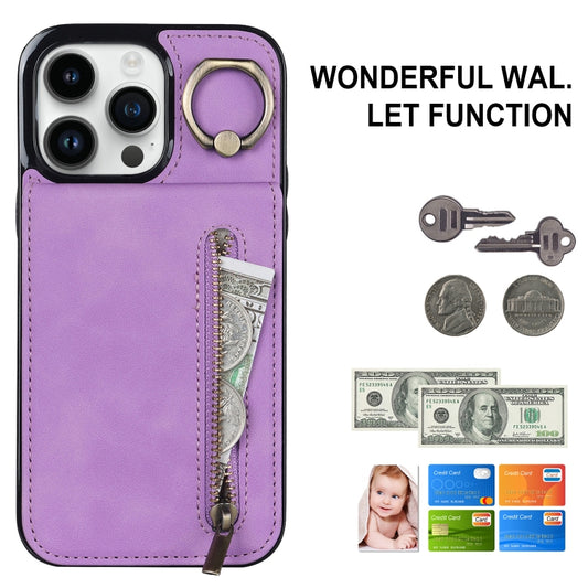 For iPhone 15 Pro Max Retro Ring and Zipper RFID Card Slot Phone Case(Purple) by buy2fix
