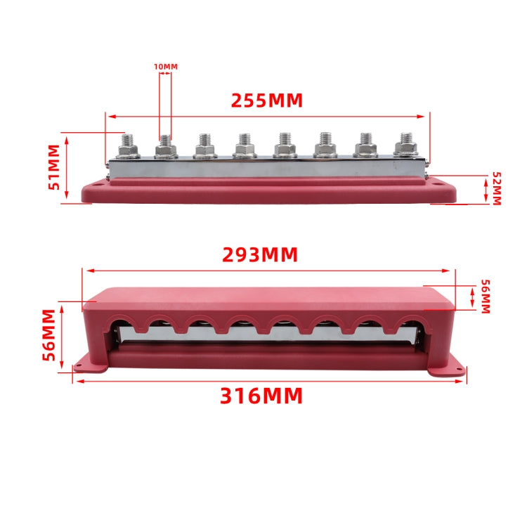 RV 600A High Current busbar 8-way Straight M10 Wiring Studs(Red) by buy2fix