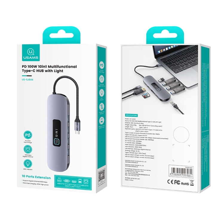 USAMS US-SJ644 PD100W 10 in 1 Aluminum Alloy Multifunctional Type-C HUB with Light(Metal Grey) by USAMS