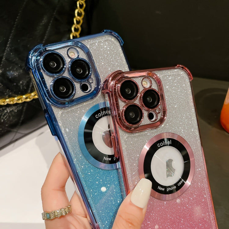 For iPhone 13 6D Electroplating Gradient Glitter Armor Magsafe Phone Case(Blue) by buy2fix