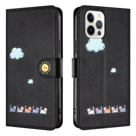 For iPhone 15 Pro Max Cartoon Cats Leather Phone Case(Black) by buy2fix
