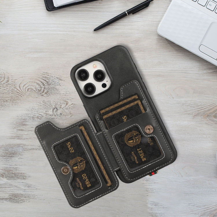 For iPhone 15 Pro Max 01 RFID Card Bag Cowhide Texture PU Phone Case(Black) by buy2fix