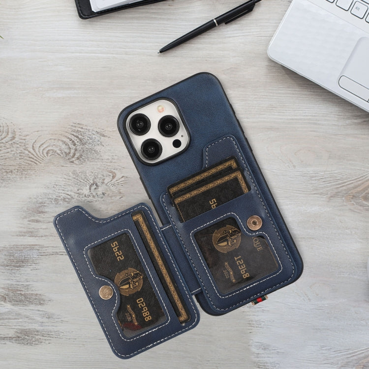 For iPhone 15 Pro Max 01 RFID Card Bag Cowhide Texture PU Phone Case(Blue) by buy2fix