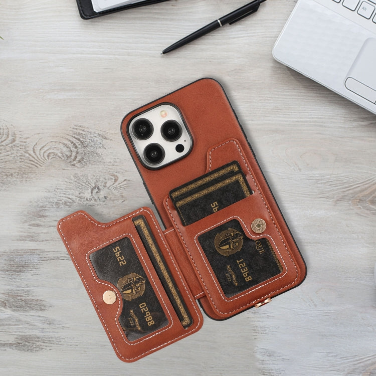 For iPhone 15 Pro Max 01 RFID Card Bag Cowhide Texture PU Phone Case(Brown) by buy2fix