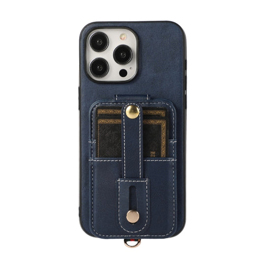 For iPhone 15 Pro Max 02 RFID Card Bag Cowhide Texture PU Phone Case(Blue) by buy2fix