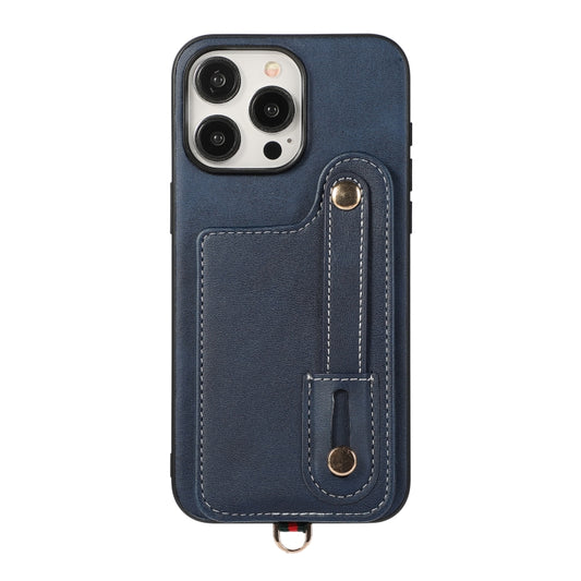 For iPhone 15 Pro Max 03 RFID Card Bag Cowhide Texture PU Phone Case(Blue) by buy2fix