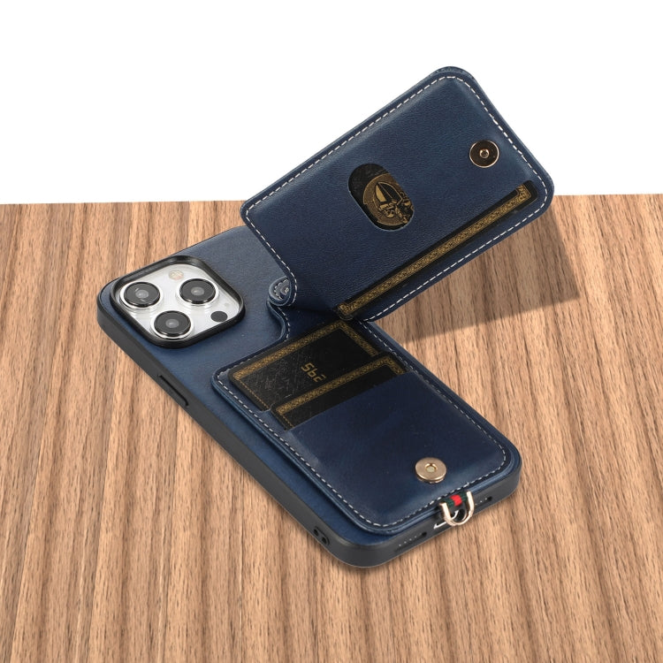 For iPhone 15 Pro Max 03 RFID Card Bag Cowhide Texture PU Phone Case(Blue) by buy2fix