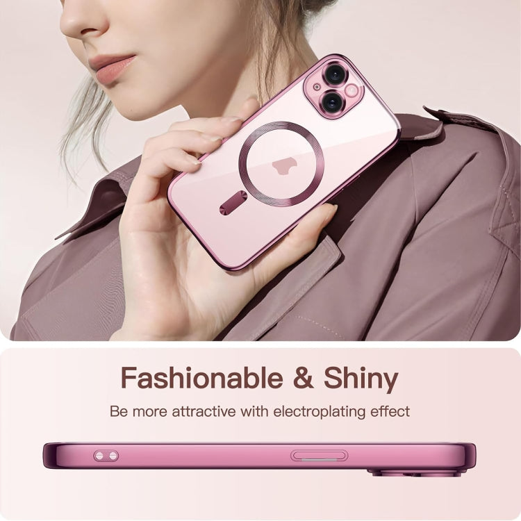 For iPhone 15 Plus Transparent Electroplated Magsafe Magnetic TPU Phone Case(Pink) by buy2fix