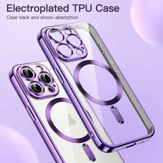 For iPhone 14 Pro Max Transparent Electroplated Magsafe Magnetic TPU Phone Case(Purple) by buy2fix