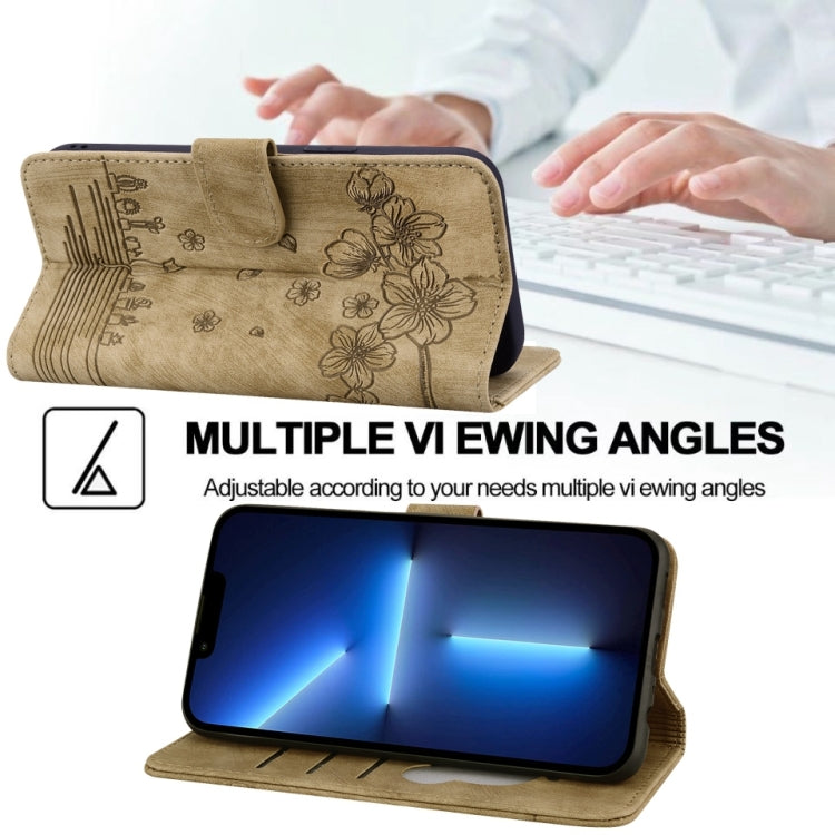 For iPhone 15 Pro Max Cartoon Sakura Cat Embossed Leather Phone Case(Brown) by buy2fix