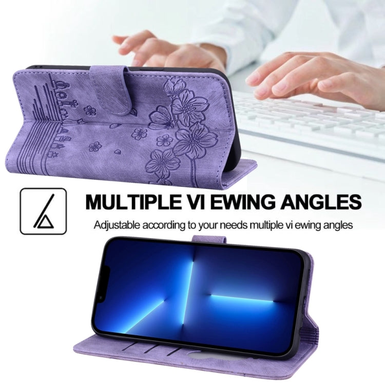 For iPhone 15 Pro Max Cartoon Sakura Cat Embossed Leather Phone Case(Purple) by buy2fix