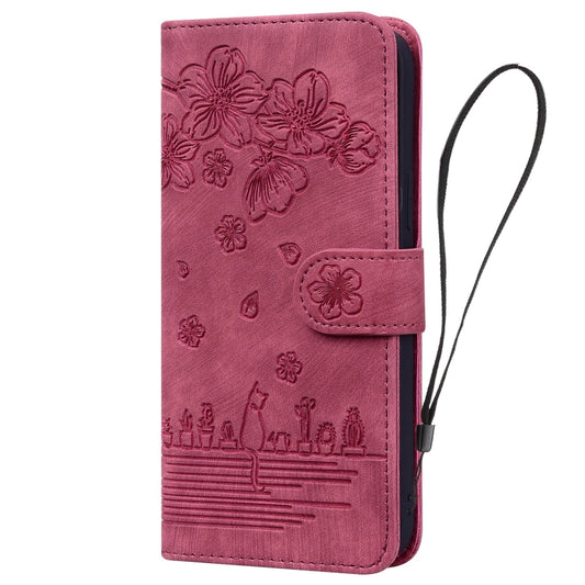 For iPhone 15 Pro Max Cartoon Sakura Cat Embossed Leather Phone Case(Wine Red) by buy2fix