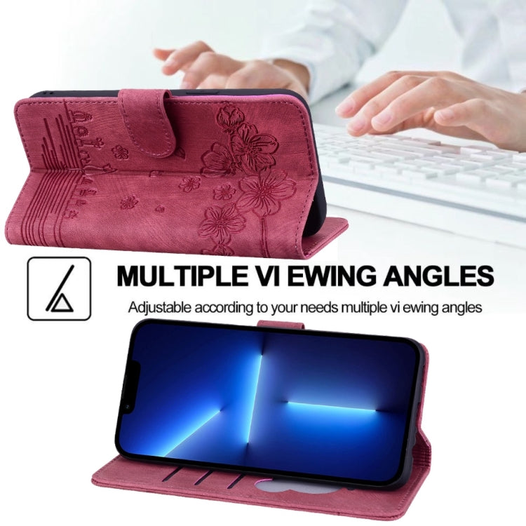 For iPhone 15 Pro Max Cartoon Sakura Cat Embossed Leather Phone Case(Wine Red) by buy2fix