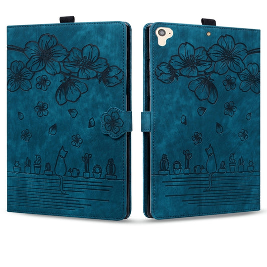 For iPad Pro 9.7 / 9.7 2018 / 2017 Cartoon Sakura Cat Embossed Smart Leather Tablet Case(Blue) by buy2fix