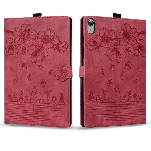 For iPad 10th Gen 10.9 2022 Cartoon Sakura Cat Embossed Smart Leather Tablet Case(Red) by buy2fix