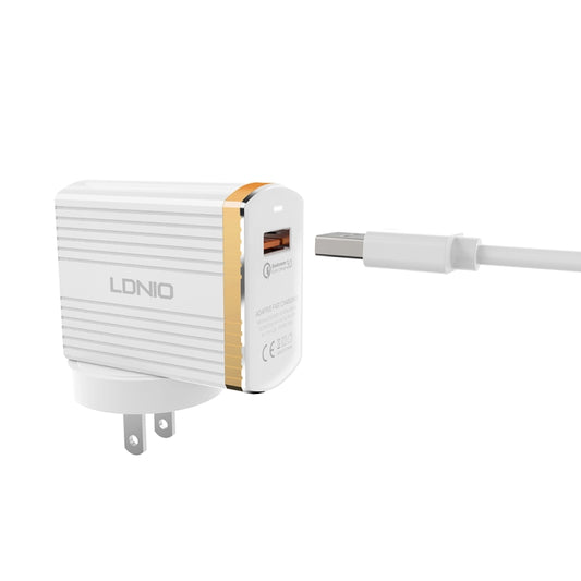 LDNIO A1302Q 2 in 1 18W QC3.0 USB Interface Grid Shape Travel Charger Mobile Phone Charger with Micro USB Data Cable, US Plug by LDNIO
