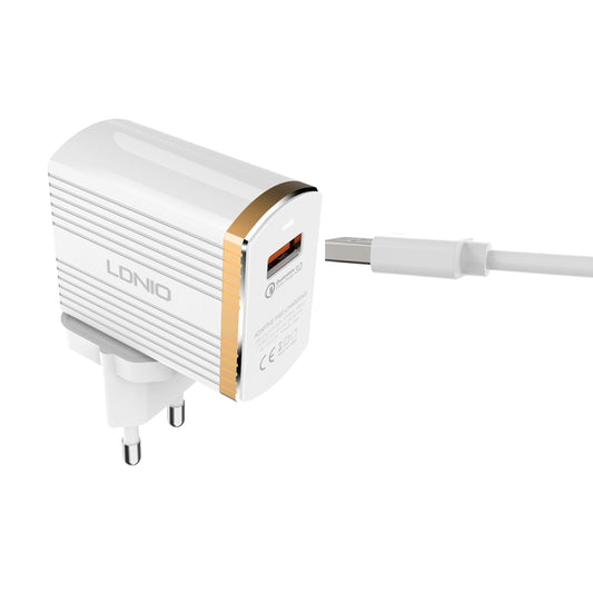 LDNIO A1302Q 2 in 1 18W QC3.0 USB Interface Grid Shape Travel Charger Mobile Phone Charger with 8 Pin Data Cable, EU Plug by LDNIO