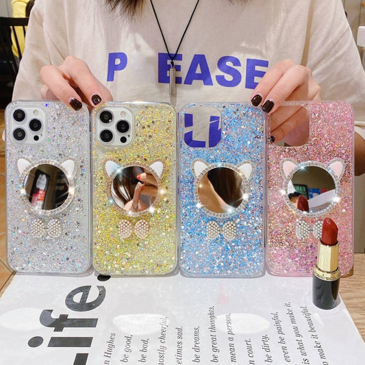 For iPhone 12 Pro Max Starry Sequin Diamond Cat Ears Mirror Epoxy TPU Phone Case(Pink) by buy2fix