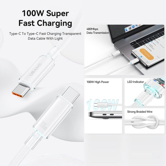 USAMS Type-C To Type-C Aluminum Alloy Clear LED 100W Fast Charge Data Cable, Length:1.2m(White) by USAMS