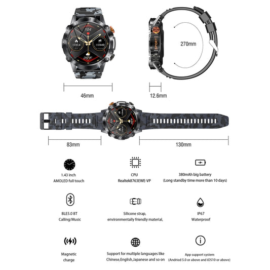 K59 IP67 BT5.0 1.43inch Smart Watch Support Voice Call / Sleep Detection(Black) by buy2fix