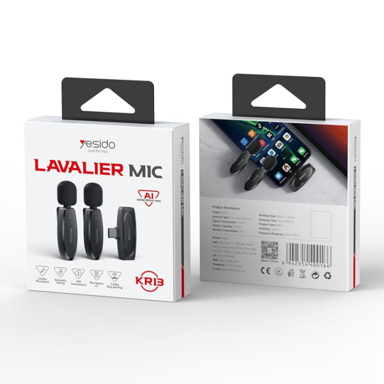 YESIDO KR13 Dual Low-latency Wireless Lavalier Microphone with Type-C Receiver(Black) by Yesido
