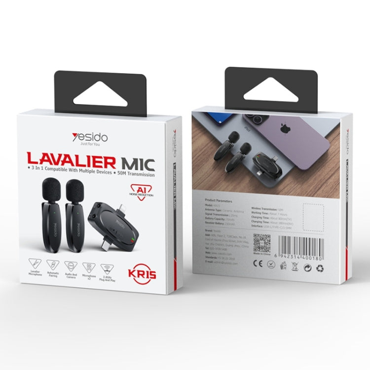 YESIDO KR15 Dual Low-latency Wireless Lavalier Microphone with 3 in 1 Receiver(Black) by Yesido