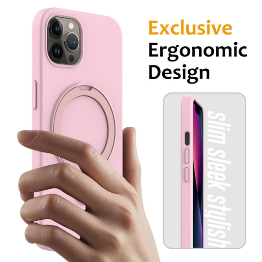 For iPhone 12 Pro Liquid Silicone MagSafe Magnetic Phone Case with Ring Holder(Grey Pink) by buy2fix