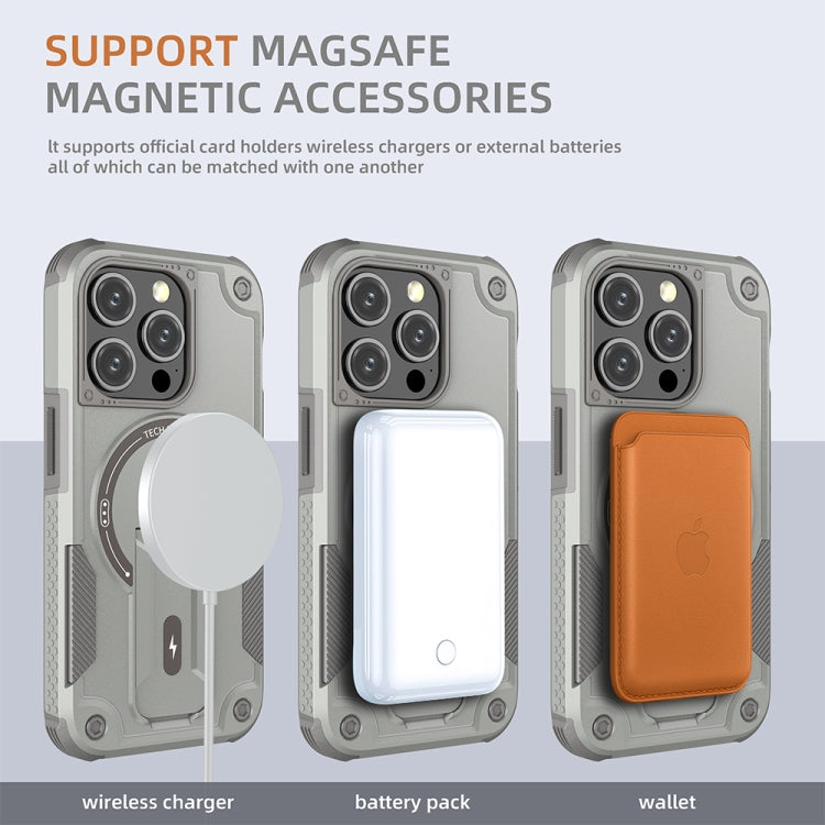 For iPhone 15 Armor Magsafe Holder PC Hybrid TPU Phone Case(Grey) by buy2fix
