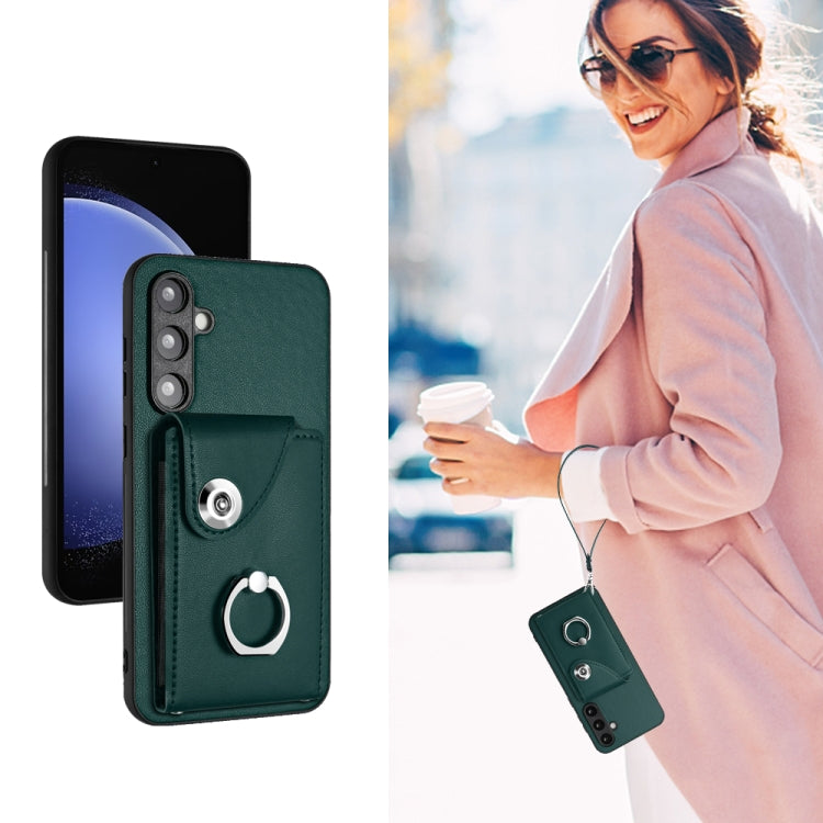 For Samsung Galaxy S23 FE 5G Organ Card Bag Ring Holder PU Phone Case with Lanyard(Green) by buy2fix