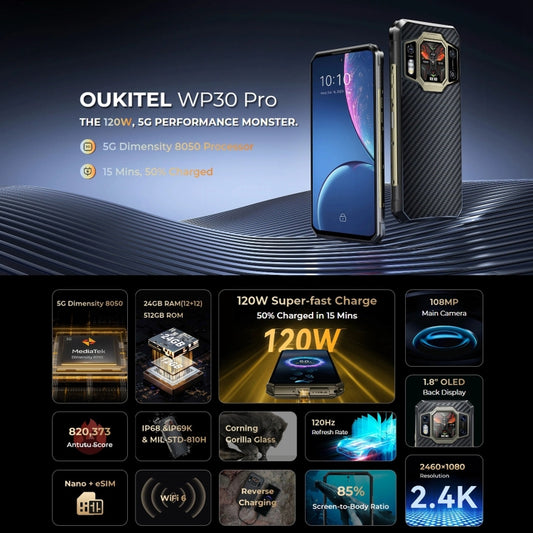 Oukitel WP30 Pro 5G, 12GB+512GB, IP68/IP69K, 108MP Camera, 11000mAh, 6.78 inch + 1.8 inch MediaTek Dimensity 8050 Octa-core 3.0GHz, NFC, OTG, Network: 5G(Black) by OUKITEL