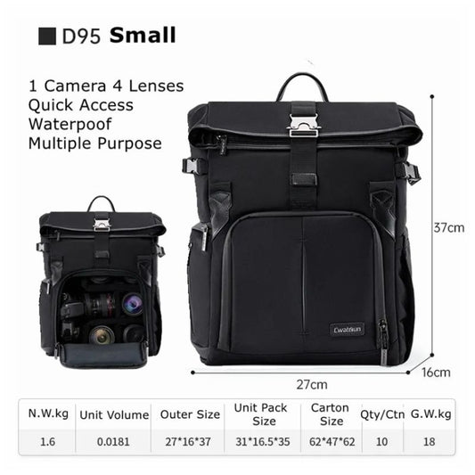 Cwatcun D95 Large Capacity Photography Backpack Shoulders Laptop Camera Bag, Size:27 x 37 x 16cm(Dark Black) by Cwatcun