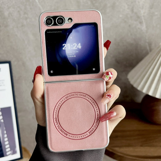 For Samsung Galaxy Z Flip5 Skin Feel Leather Texture MagSafe Pearlescent Paint Shockproof Phone Case(Pink) by buy2fix
