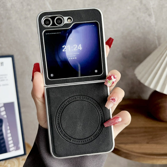For Samsung Galaxy Z Flip5 Skin Feel Leather Texture MagSafe Pearlescent Paint Shockproof Phone Case(Black) by buy2fix