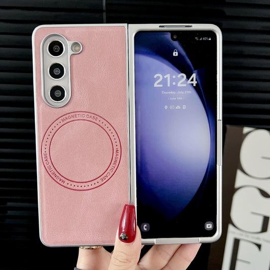 For Samsung Galaxy Z Fold5 Skin Feel Leather Texture MagSafe Pearlescent Paint Shockproof Phone Case(Pink) by buy2fix