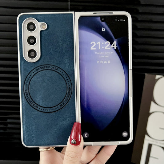 For Samsung Galaxy Z Fold5 Skin Feel Leather Texture MagSafe Pearlescent Paint Shockproof Phone Case(Blue) by buy2fix