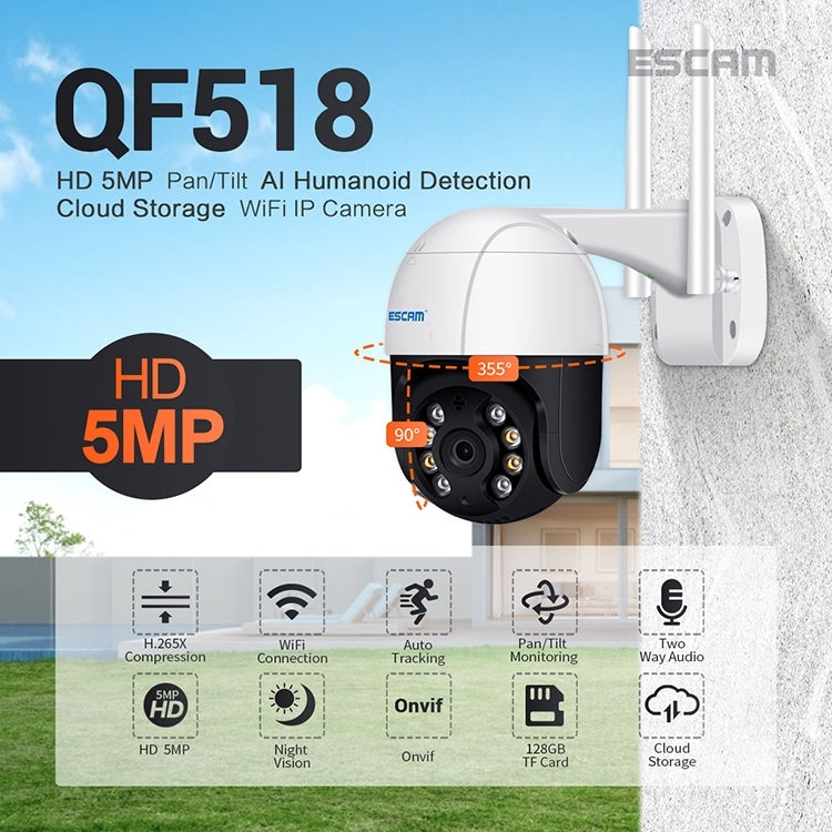 ESCAM QF518 5MP Smart WiFi IP Camera, Support AI Humanoid Detection / Auto Tracking / Dual Light Night Vision / Cloud Storage / Two Way Audio / TF Card, Plug:US Plug(White) by ESCAM