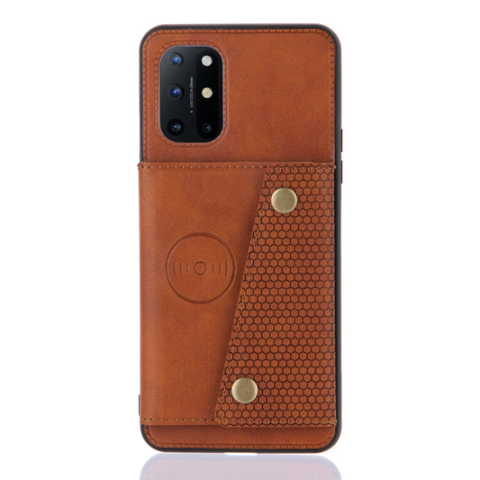 For OnePlus 8T Double Buckle PU + TPU Shockproof Magnetic Protective Case with Card Slots & Holder(Light Brown) by buy2fix