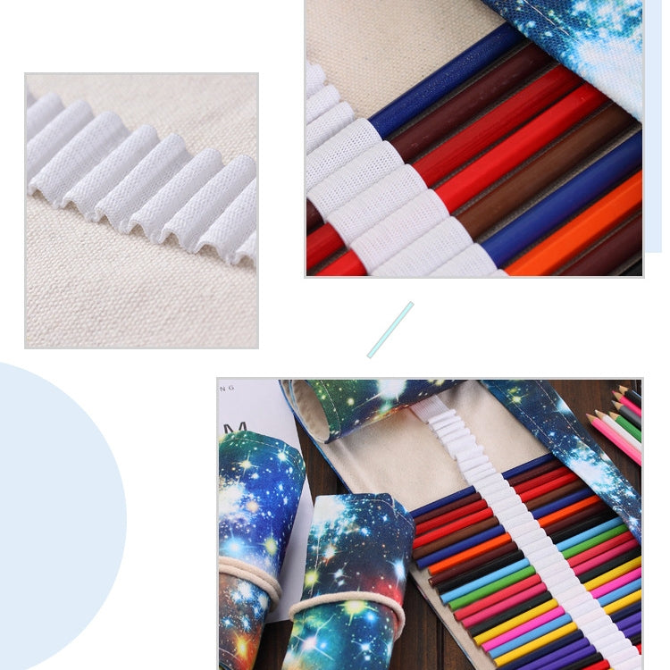 72 Slots Cosmic Galaxy Print Pen Bag Canvas Pencil Wrap Curtain Roll Up Pencil Case Stationery Pouch by buy2fix