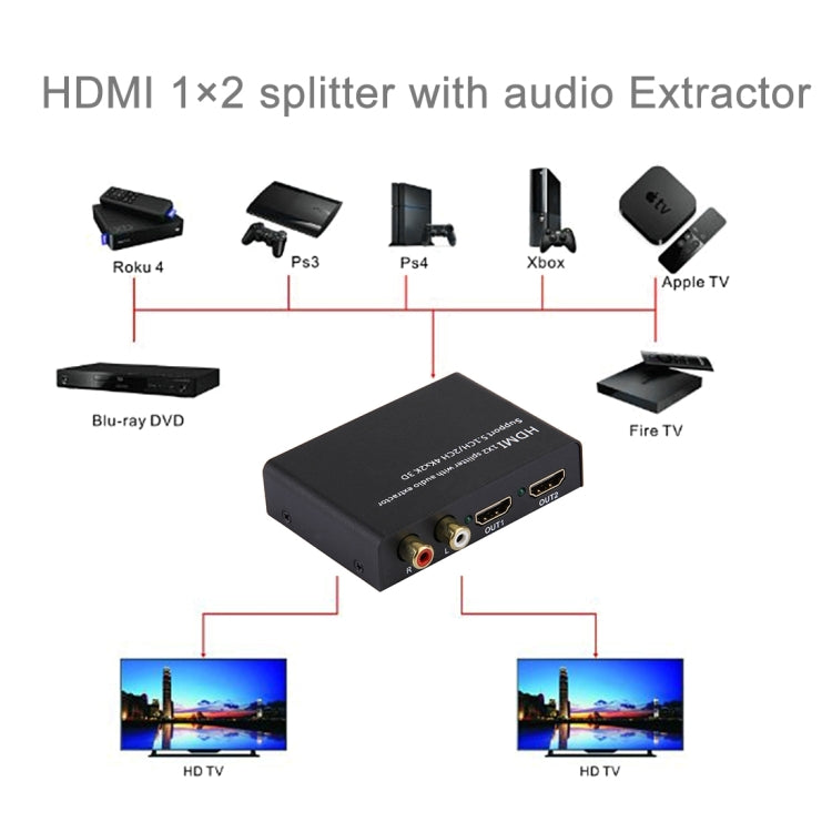 HDMI 1x2 Splitter with Audio Extractor, Support 5.1CH / 2CH, 4Kx2K, 3D by buy2fix