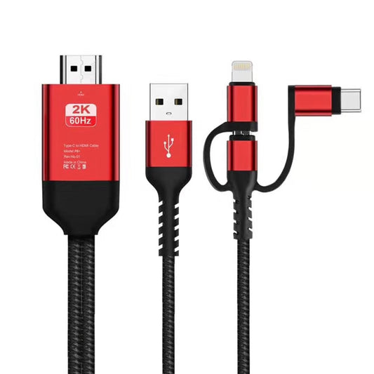 3 in 1 Micro USB + USB-C / Type-C + 8 Pin to HDMI HDTV Cable(Red) by buy2fix