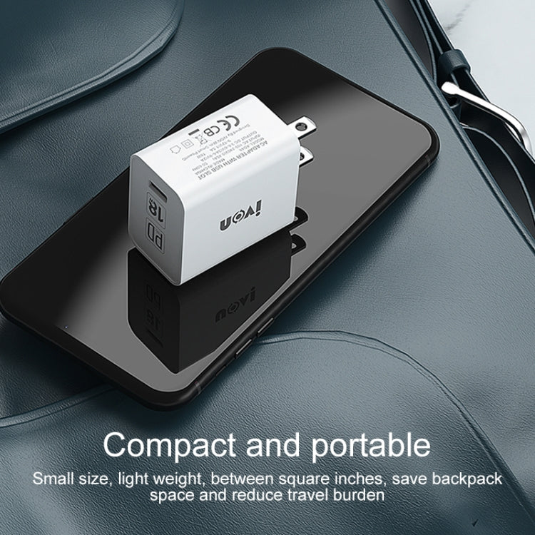 IVON AD48 18W PD Fast Charger + USB-C / Type-C to 8 Pin Data Cable Set, US Plug by IVON