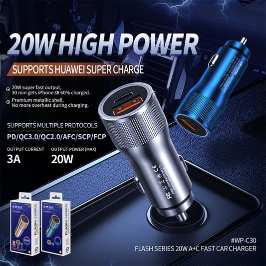 WK WP-C30 20W 3A QC3.0 USB + PD UB-C / Type-C Interface Flash Series Car Fast Charger(Blue) by WK