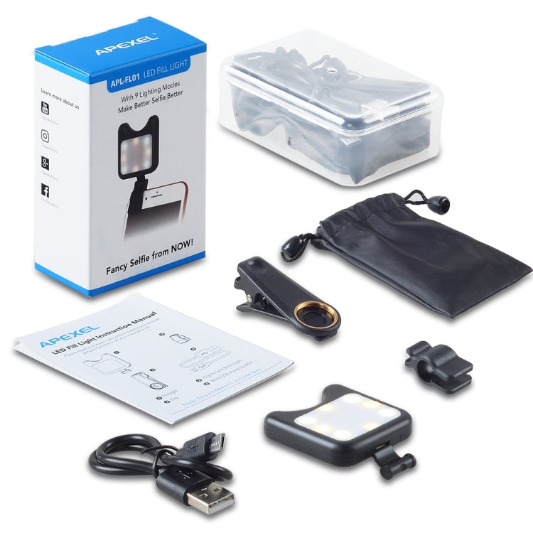 APEXEL APL-FL01 Universal Phone Camera Lens Selfie LED Fill Light with Clip, For iPhone, Samsung, Huawei, Xiaomi, HTC and Other Smartphones(Black) by APEXEL