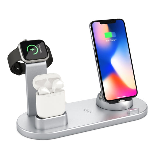 HQ-UD15 5 in 1 8 Pin + Micro USB + USB-C / Type-C Interfaces + 8 Pin Earphone Charging Interface + Wireless Charging Charger Base with Watch Stand(Silver) by buy2fix