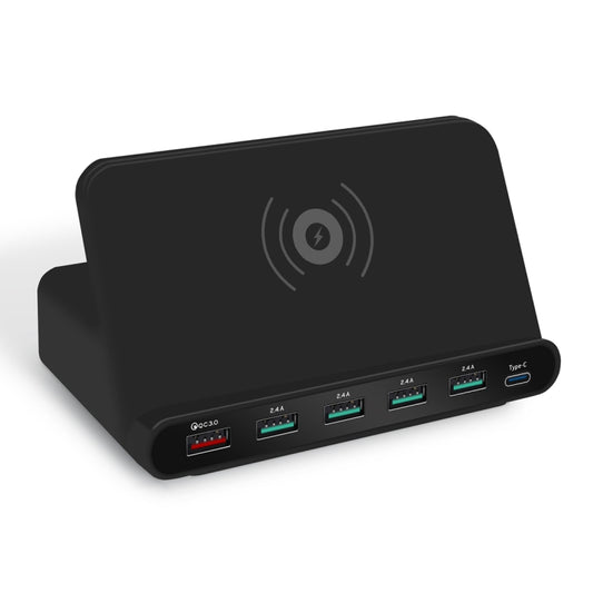 828W 7 in 1 60W QC 3.0 USB Interface + 4 USB Ports + USB-C / Type-C Interface + Wireless Charging Multi-function Charger with Mobile Phone Holder Function, AU Plug(Black) by buy2fix