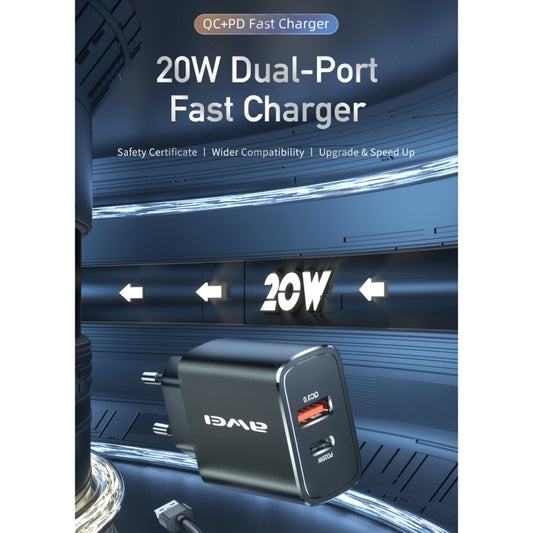awei PD7 20W QC + PD Fast Charging Travel Charger Power Adapter, EU Plug (Black) by awei