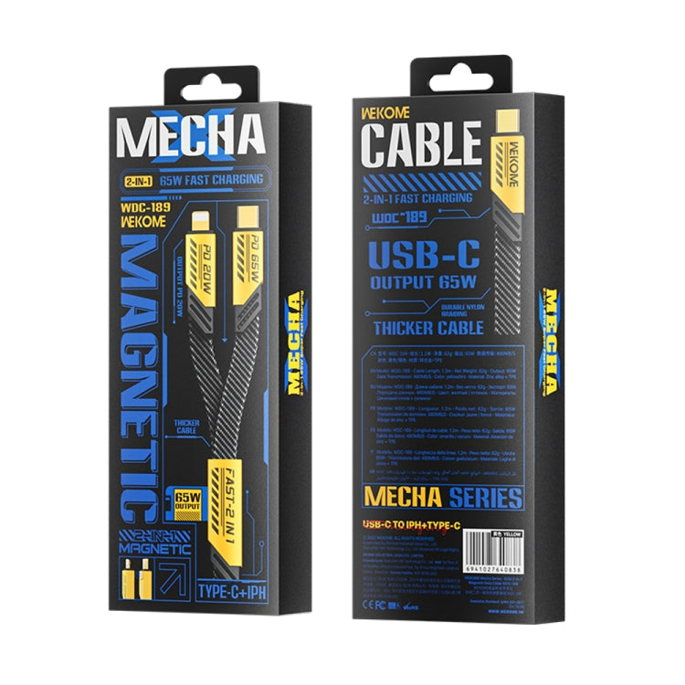 WK WDC-189 Armor Series 2 in 1 65W USB-C/Type-C to USB-C/Type-C+8 Pin Magnetic Data Cable, Length: 1.2m(Yellow) by WK