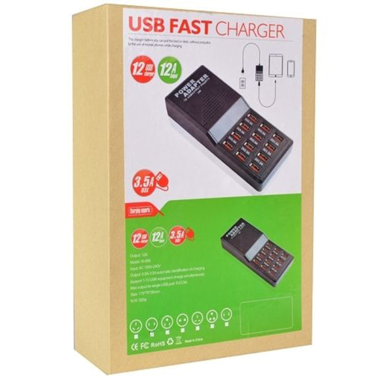 W-858 12A 12 Ports USB Fast Charging Dock Desktop Smart Charger AC100-240V, US Plug (Black) by buy2fix