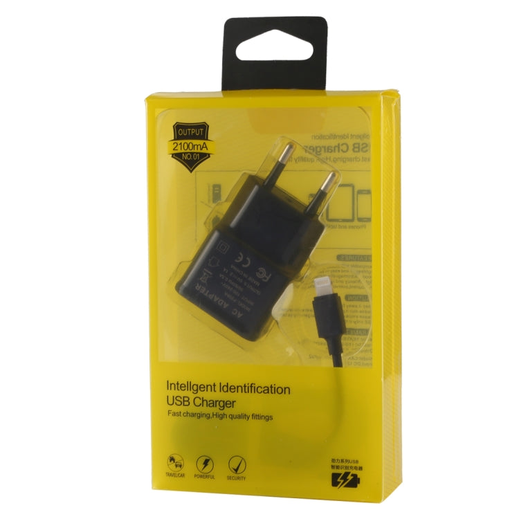 For iPhone 5V 2.1A Intellgent Identification USB Charger with 1m USB to 8 Pin Charging Cable, EU Plug(Black) by buy2fix